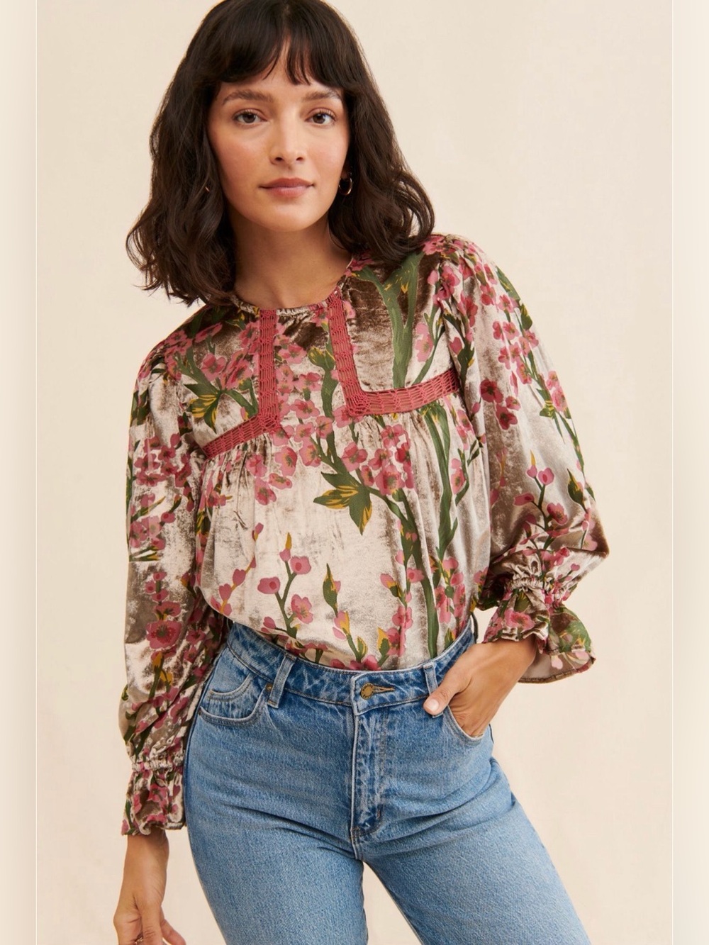 Anthropologie Let me be Velcra Floral Velvet Blouse in Pink, Green and Cream